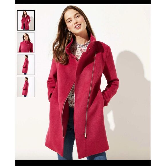LOFT Petites M Cherry Jam Wool Moto Coat Women's Red Jacket - Picture 1 of 10